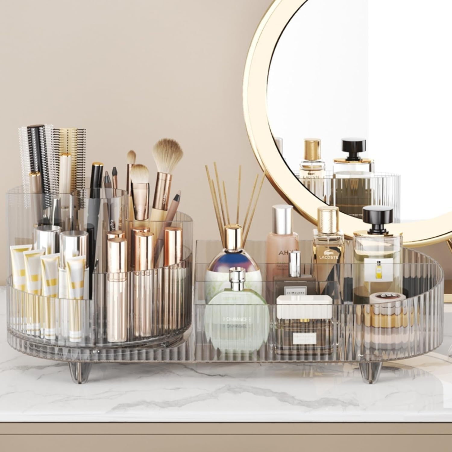 ISHWANKU 360 Rotating Cosmetic Organizer Caddy - Countertop Makeup Display Case for Nail Polish, Brushes, Lipstick, Jewelry -