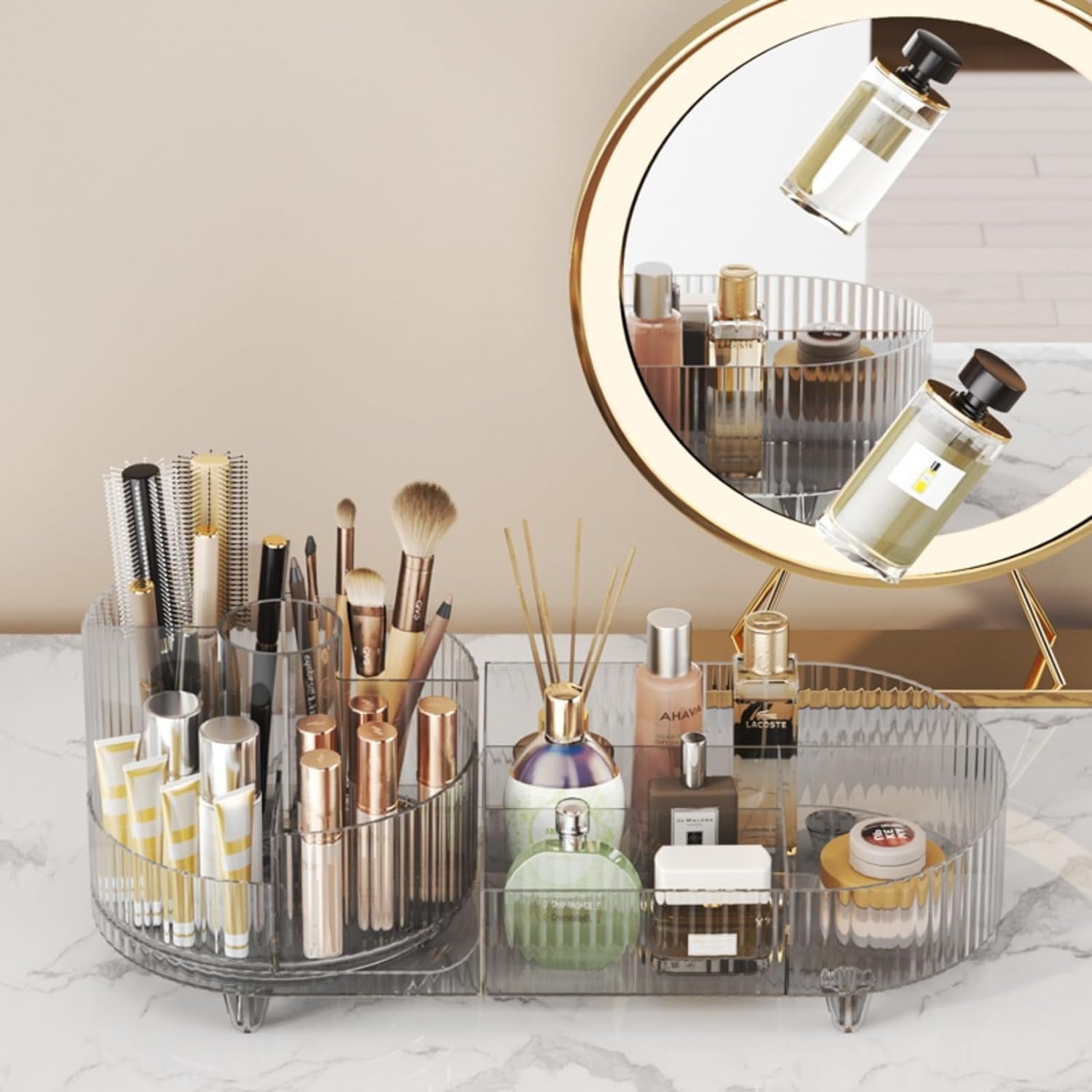 ISHWANKU 360 Rotating Cosmetic Organizer Caddy - Countertop Makeup Display Case for Nail Polish, Brushes, Lipstick, Jewelry -