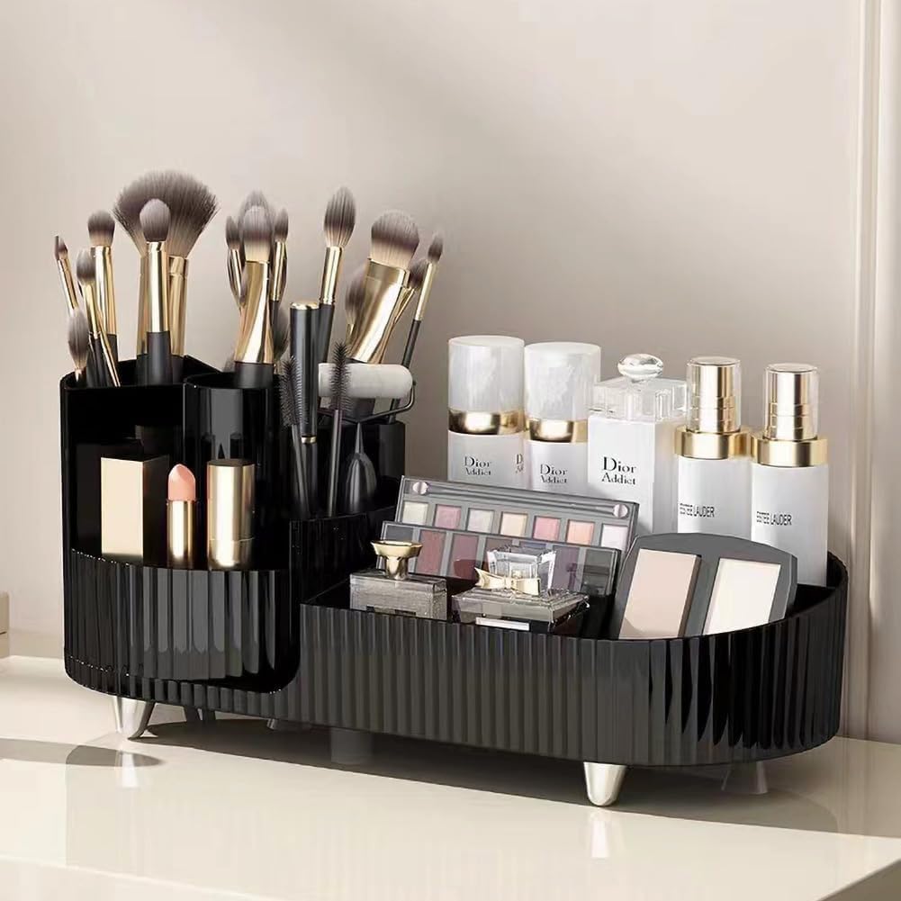 ISHWANKU 360 Rotating Cosmetic Organizer Caddy - Countertop Makeup Display Case for Nail Polish, Brushes, Lipstick, Jewelry (