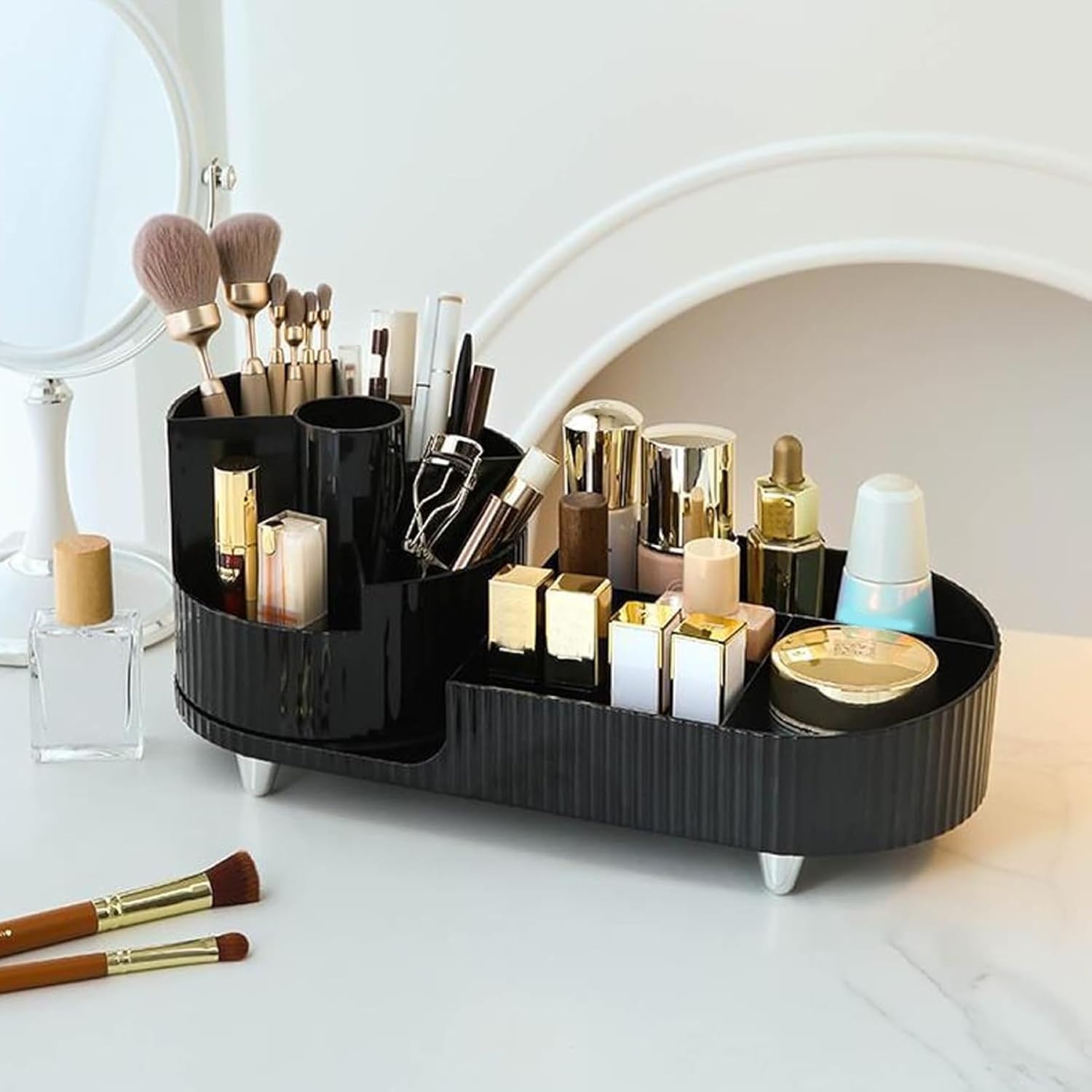 ISHWANKU 360 Rotating Cosmetic Organizer Caddy - Countertop Makeup Display Case for Nail Polish, Brushes, Lipstick, Jewelry -