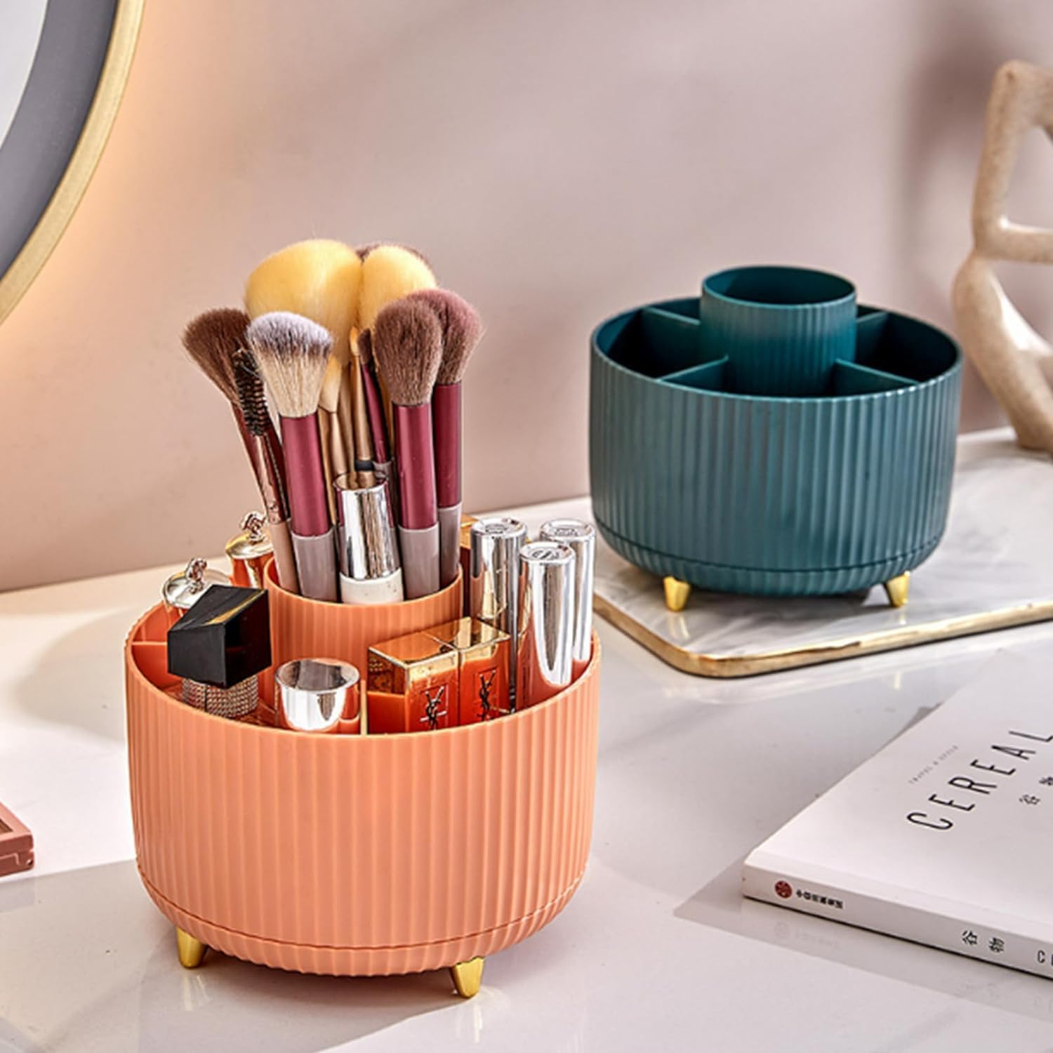 ISHWANKU 360 Rotating Cosmetic Organizer Caddy - Countertop Makeup Display Case for Nail Polish, Brushes, Lipstick, Jewelry -