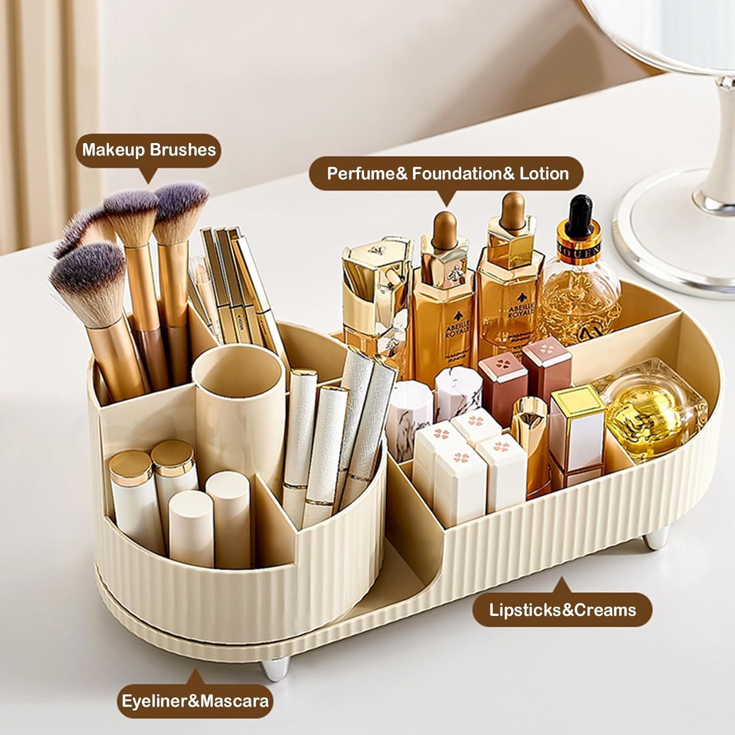 ISHWANKU 360 Rotating Cosmetic Organizer Caddy - Countertop Makeup Display Case for Nail Polish, Brushes, Lipstick, Jewelry -