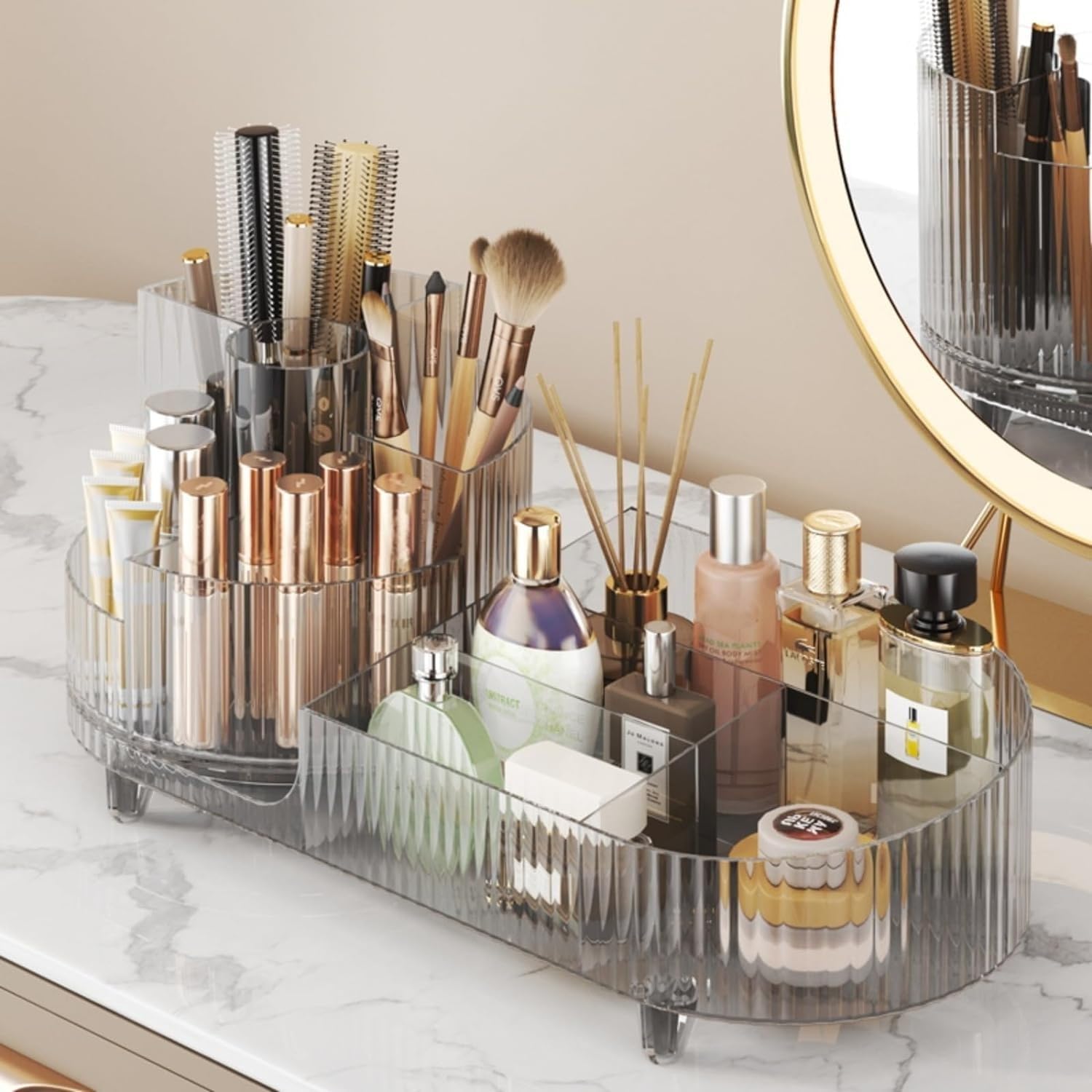 ISHWANKU 360 Rotating Cosmetic Organizer Caddy - Countertop Makeup Display Case for Nail Polish, Brushes, Lipstick, Jewelry (