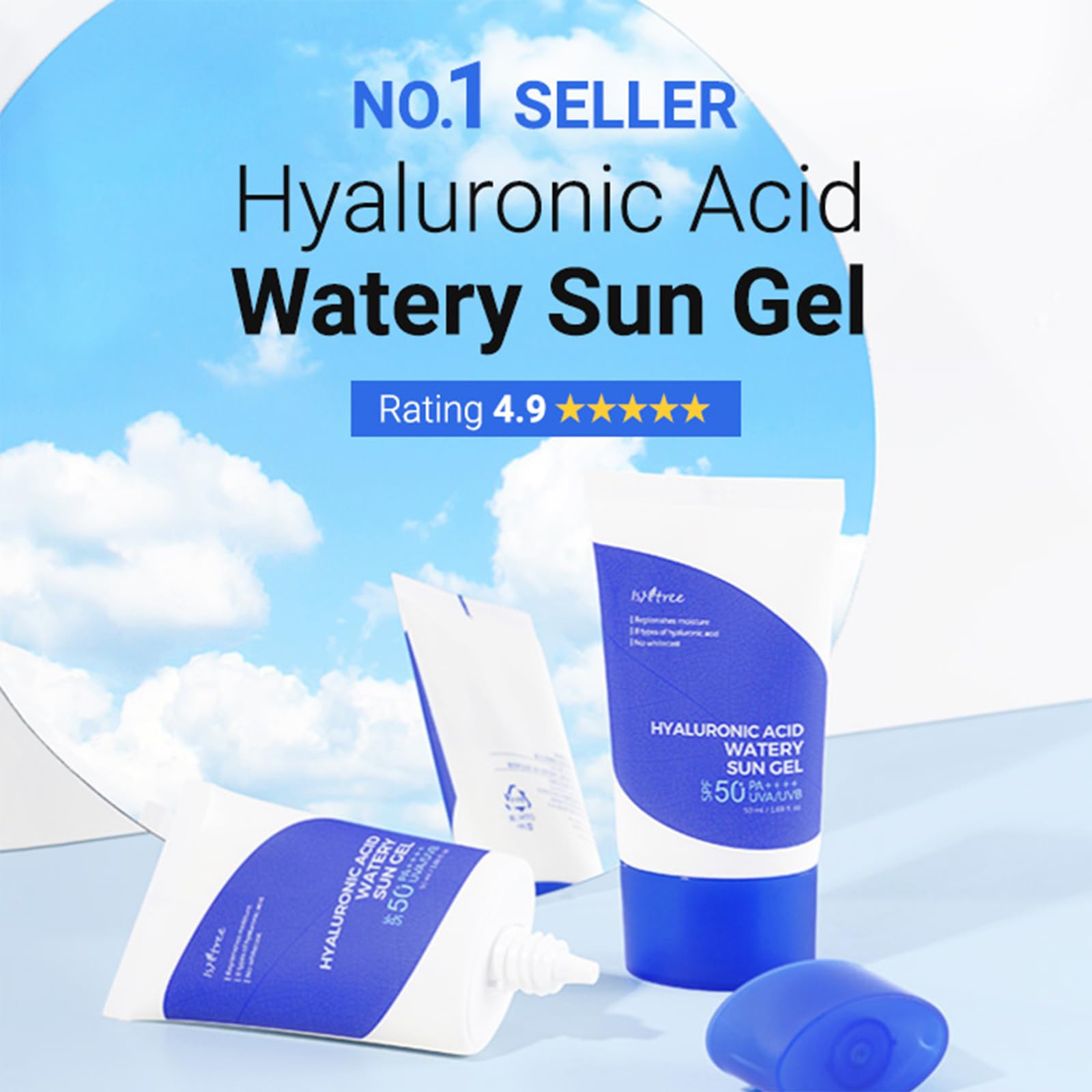 Isntree Hyaluronic Acid Watery Sun Gel SPF50+ PA++++, 1.69 Fl Oz, 8 Types Hyaluronic Acid, Non-Nano Chemical Sunscreen - fron