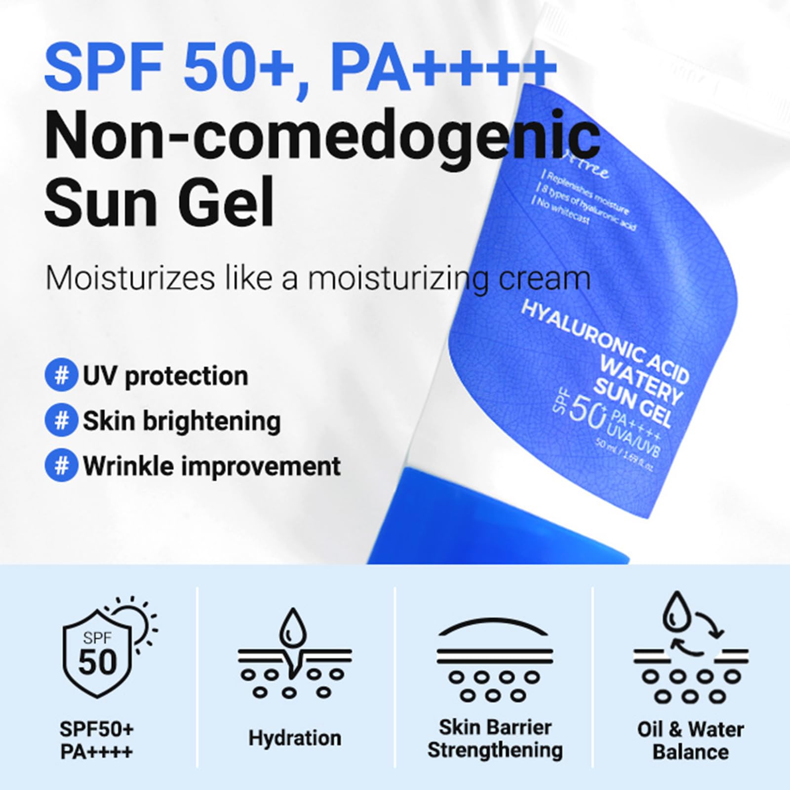 Isntree Hyaluronic Acid Watery Sun Gel SPF50+ PA++++, 1.69 Fl Oz, 8 Types Hyaluronic Acid, Non-Nano Chemical Sunscreen - pack