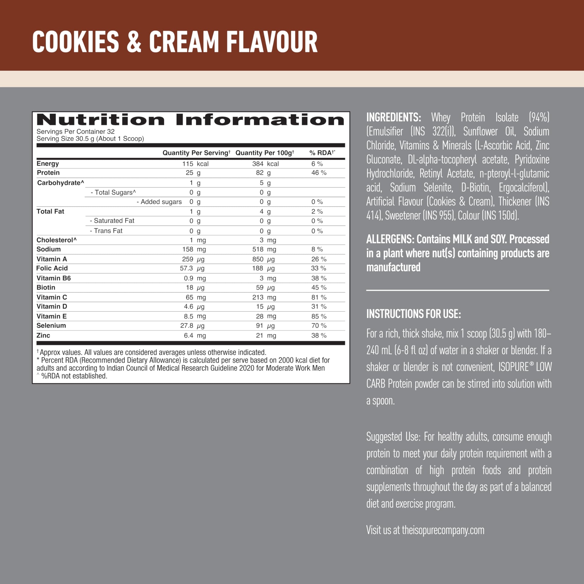 Isopure Whey Protein Isolate Powder, Vegetarian, Zero Added Sugar, Lactose-Free, Gluten-Free - size and scale
