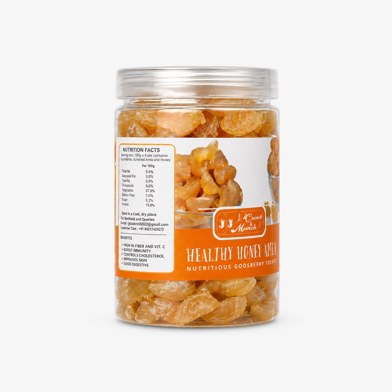 J J crunch N munch Honey Amla Candy, Sugar-Free Natural Dried Amla Fruit Snack, No Preservatives - front view (10)