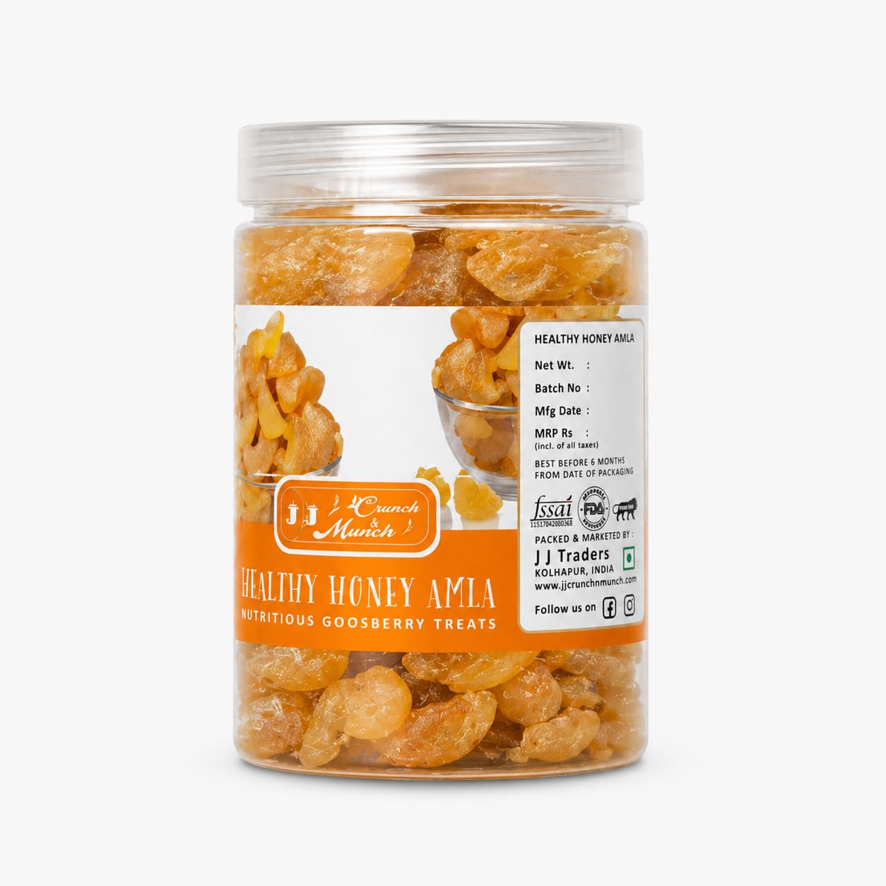 J J crunch N munch Honey Amla Candy, Sugar-Free Natural Dried Amla Fruit Snack, No Preservatives - back view (11)