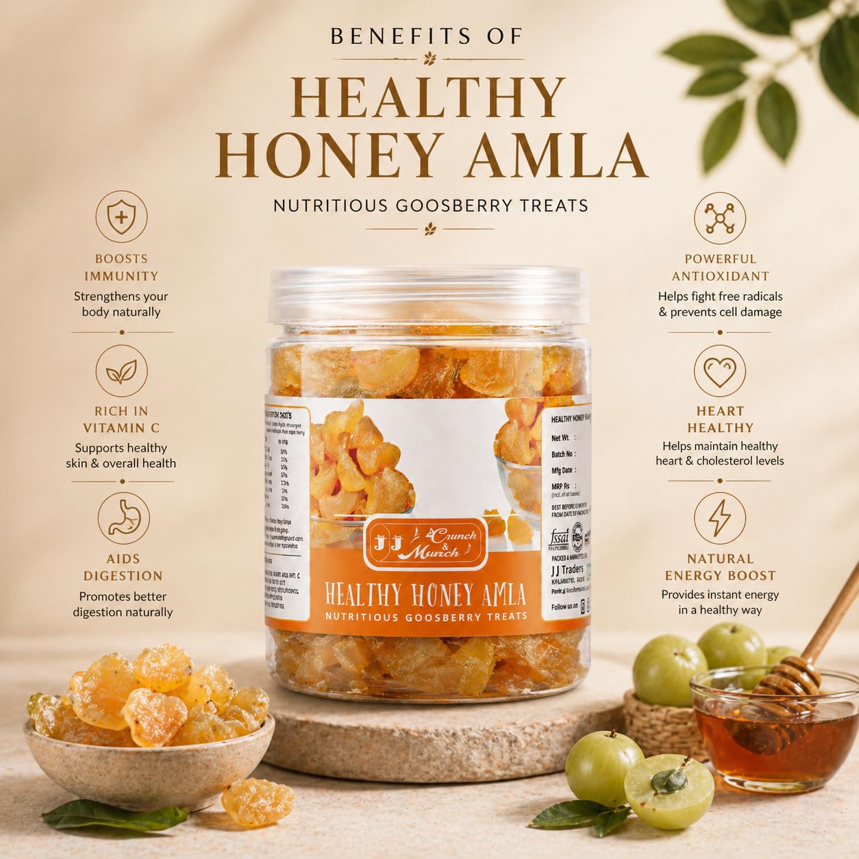 J J crunch N munch Honey Amla Candy, Sugar-Free Natural Dried Amla Fruit Snack, No Preservatives - label detail (13)