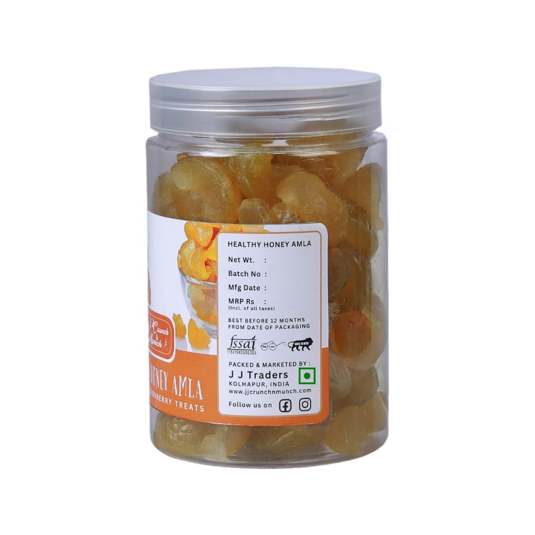 J J crunch N munch Honey Amla Candy, Sugar-Free Natural Dried Amla Fruit Snack, No Preservatives - label detail
