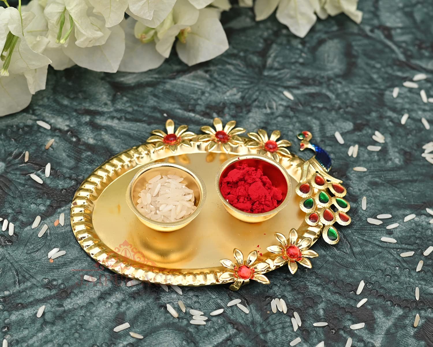 Jaipur ACE Boy's Rakhi Combo Set of Floral Bracelet Cum Rakhi Elegant Beads Rakhi with Golden Pooja Thali and Roli for Bro/Br