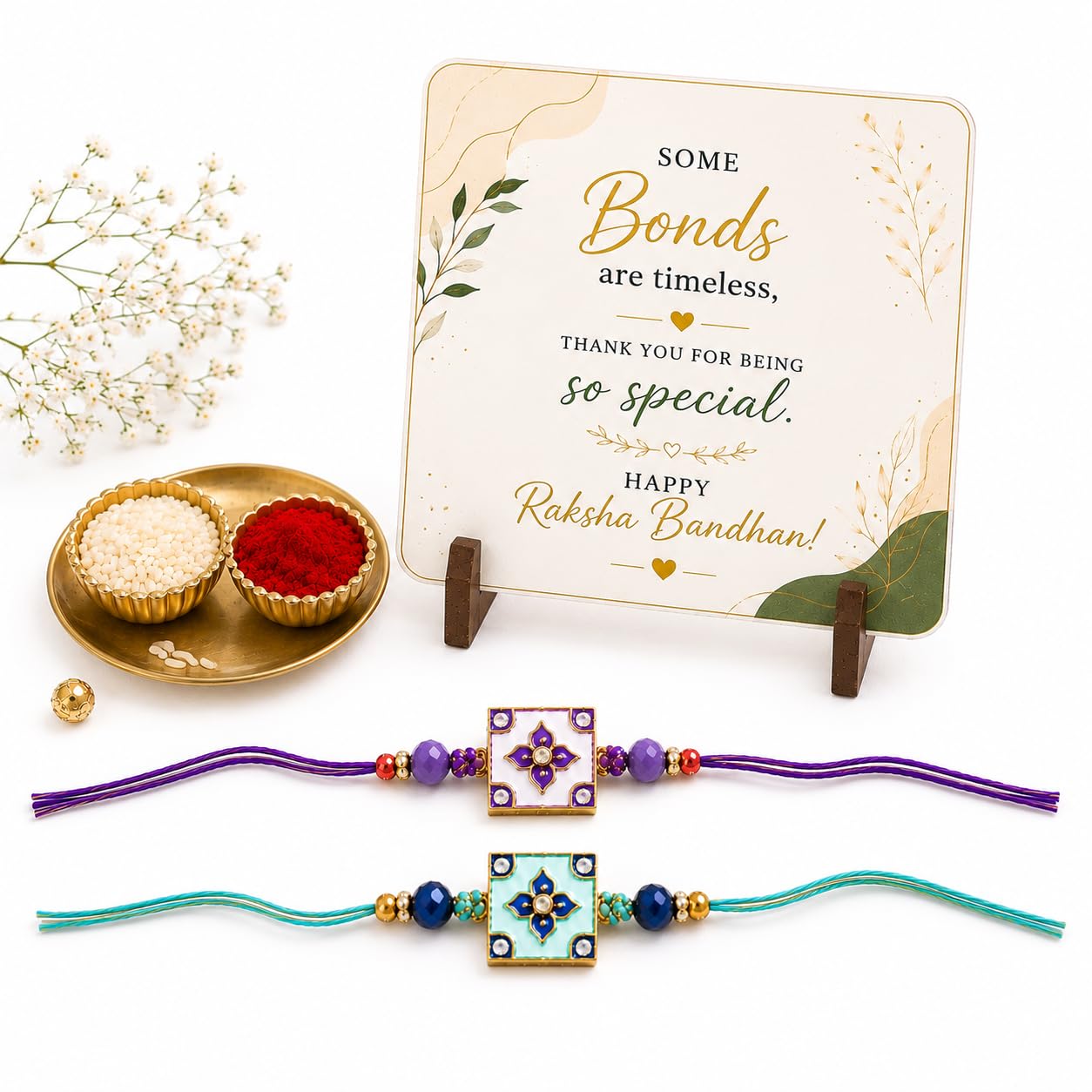 JAIPUR ACE BRO Rakhi Set of 2 for Brother | Designer Letter Rakhi Combo with Raksha Bandhan Standee, Roli Chawal and Display 