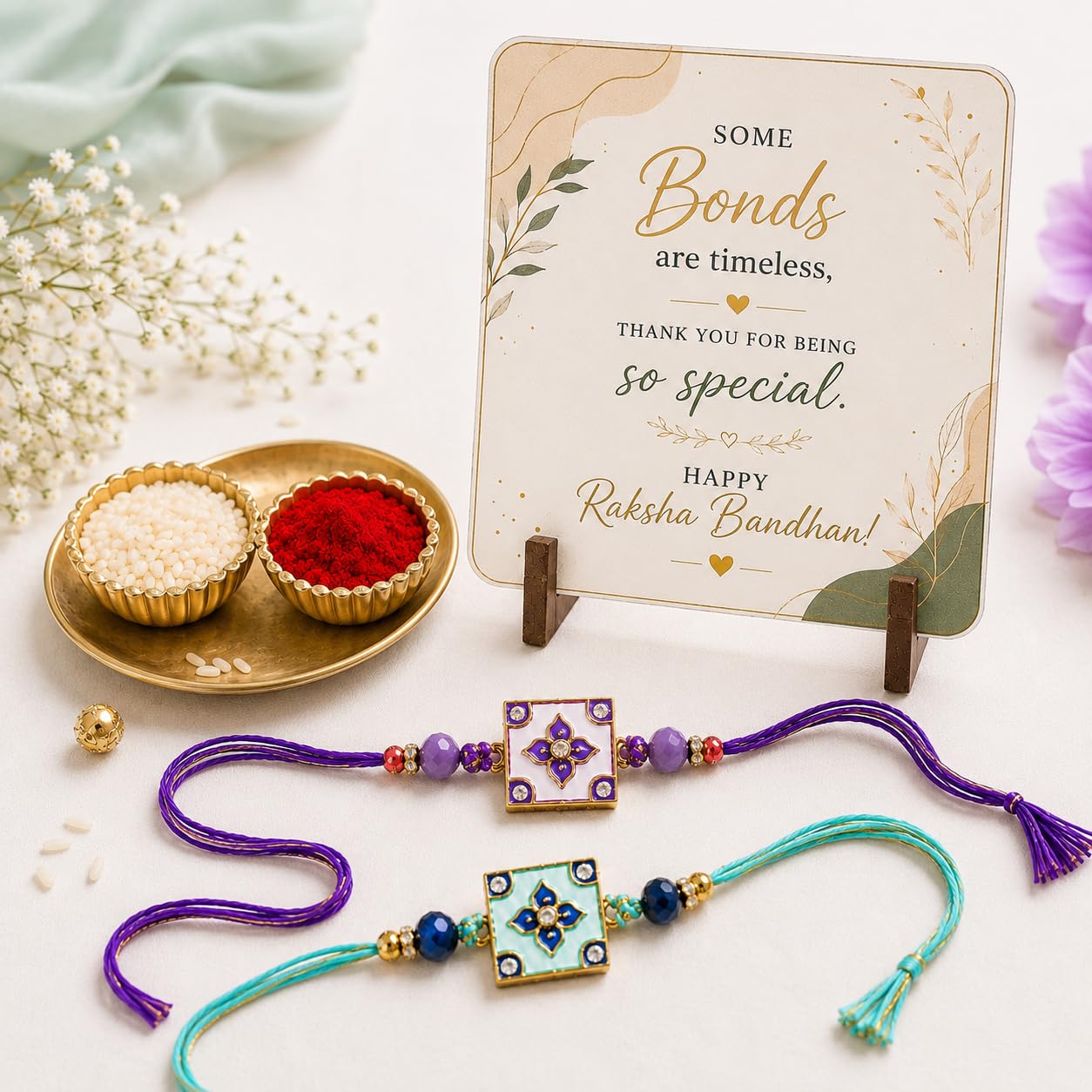 JAIPUR ACE BRO Rakhi Set of 2 for Brother | Designer Letter Rakhi Combo with Raksha Bandhan Standee, Roli Chawal and Display 