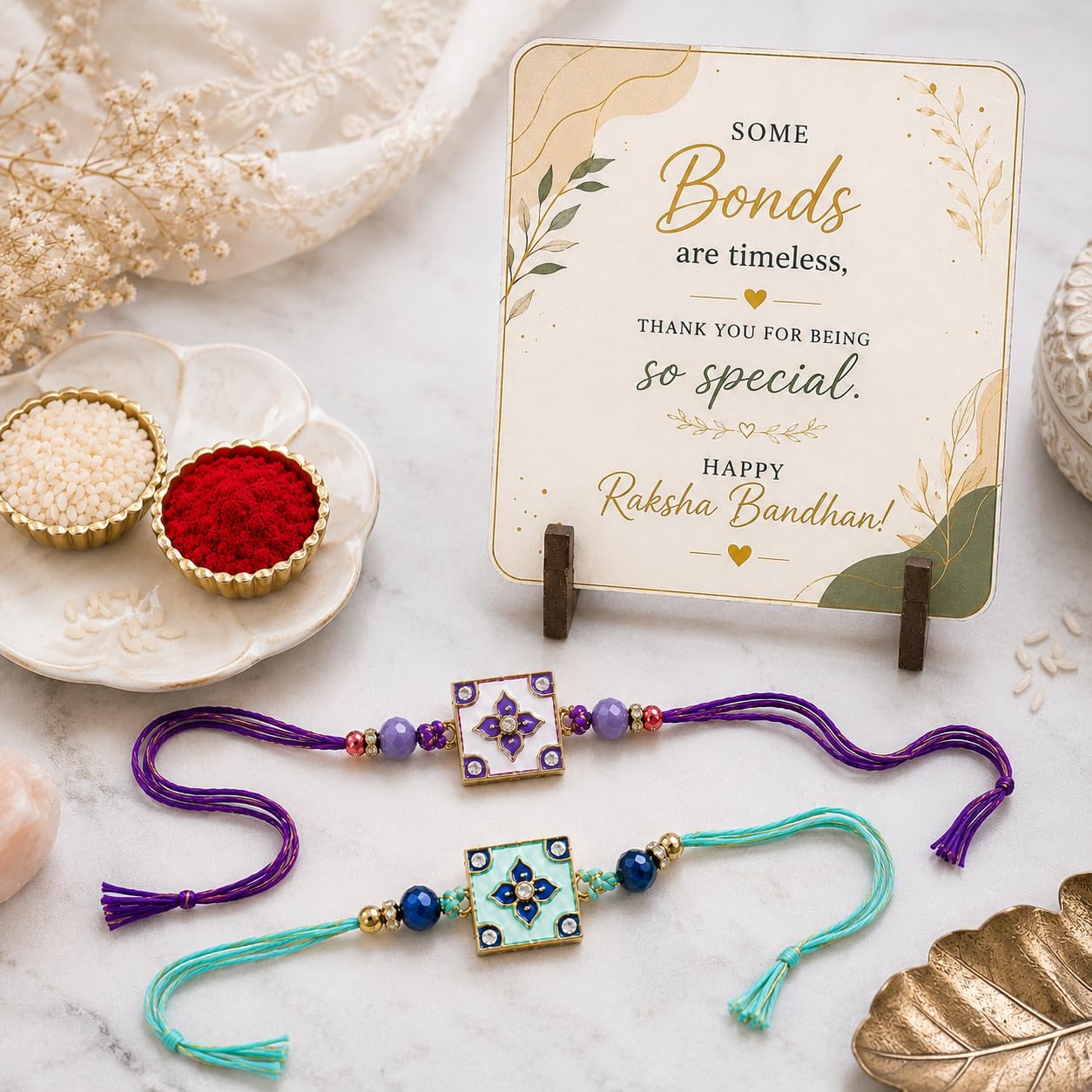 JAIPUR ACE BRO Rakhi Set of 2 for Brother | Designer Letter Rakhi Combo with Raksha Bandhan Standee, Roli Chawal and Display 