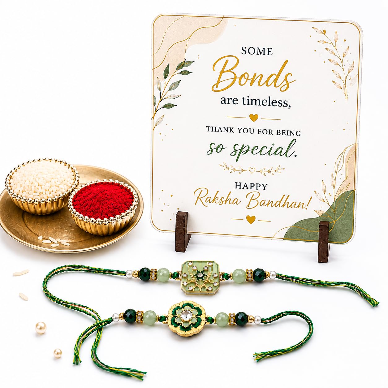 JAIPUR ACE BRO Rakhi Set of 2 for Brother | Designer Letter Rakhi Combo with Raksha Bandhan Standee, Roli Chawal and Display 
