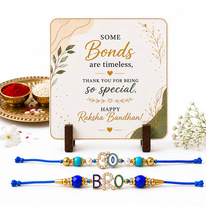 JAIPUR ACE BRO Rakhi Set of 2 for Brother | Designer Letter Rakhi Combo with Raksha Bandhan Standee, Roli Chawal and Display