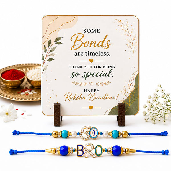 JAIPUR ACE BRO Rakhi Set of 2 for Brother | Designer Letter Rakhi Combo with Raksha Bandhan Standee, Roli Chawal and Display