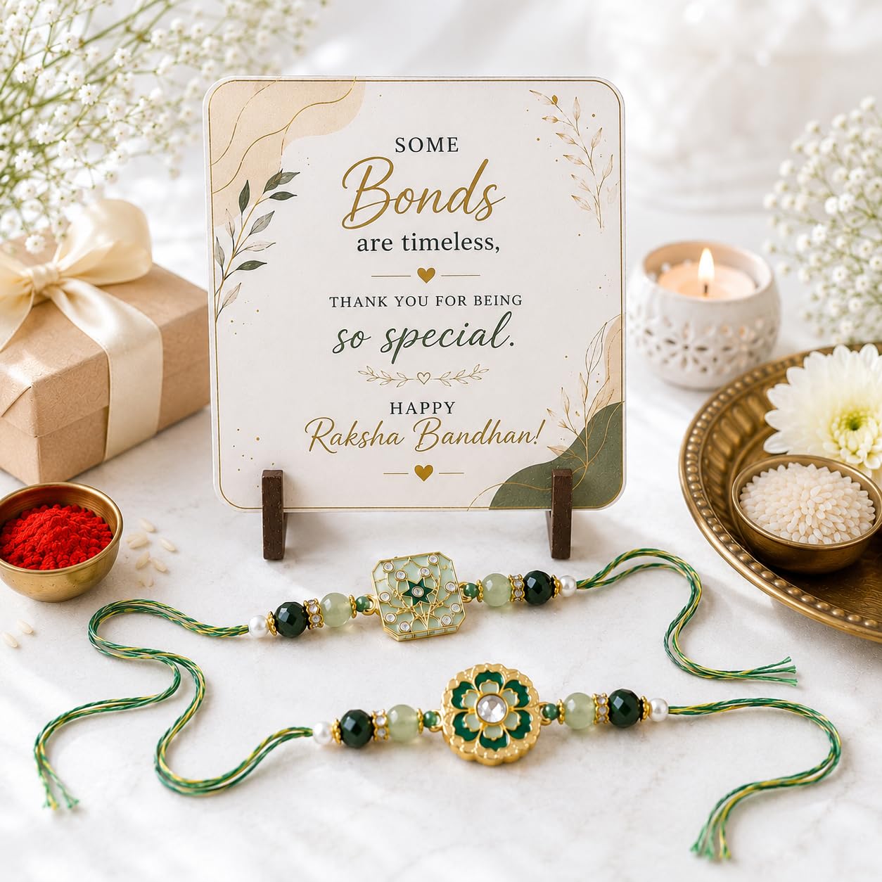 JAIPUR ACE BRO Rakhi Set of 2 for Brother | Designer Letter Rakhi Combo with Raksha Bandhan Standee, Roli Chawal and Display 