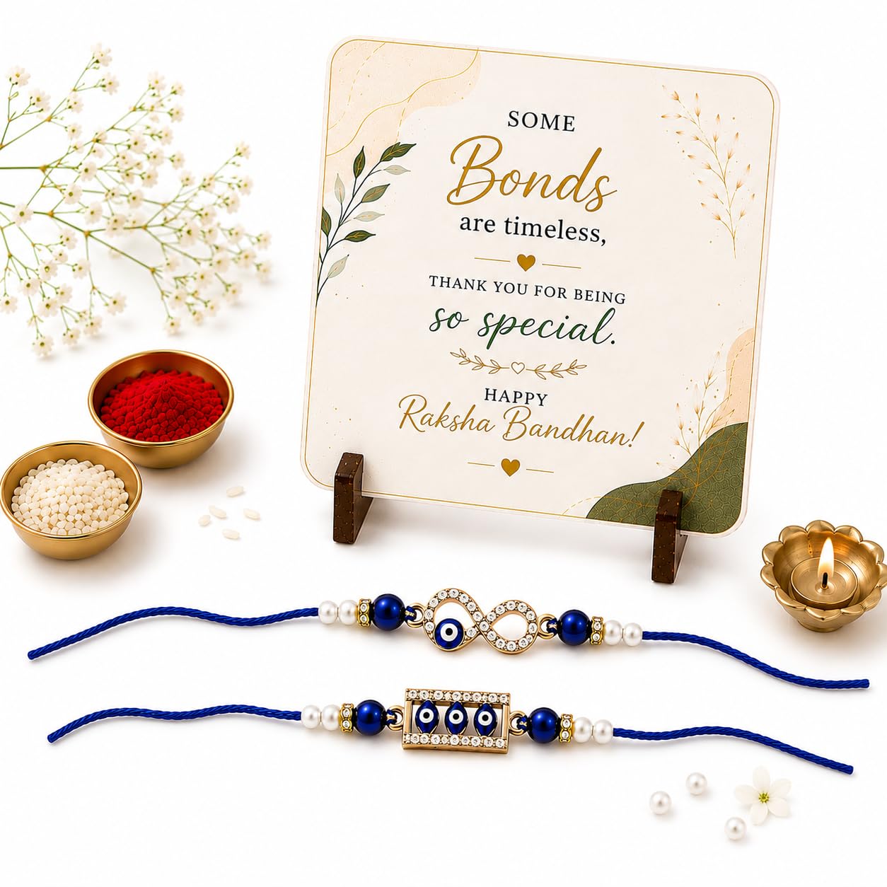 JAIPUR ACE BRO Rakhi Set of 2 for Brother | Designer Letter Rakhi Combo with Raksha Bandhan Standee, Roli Chawal and Display 