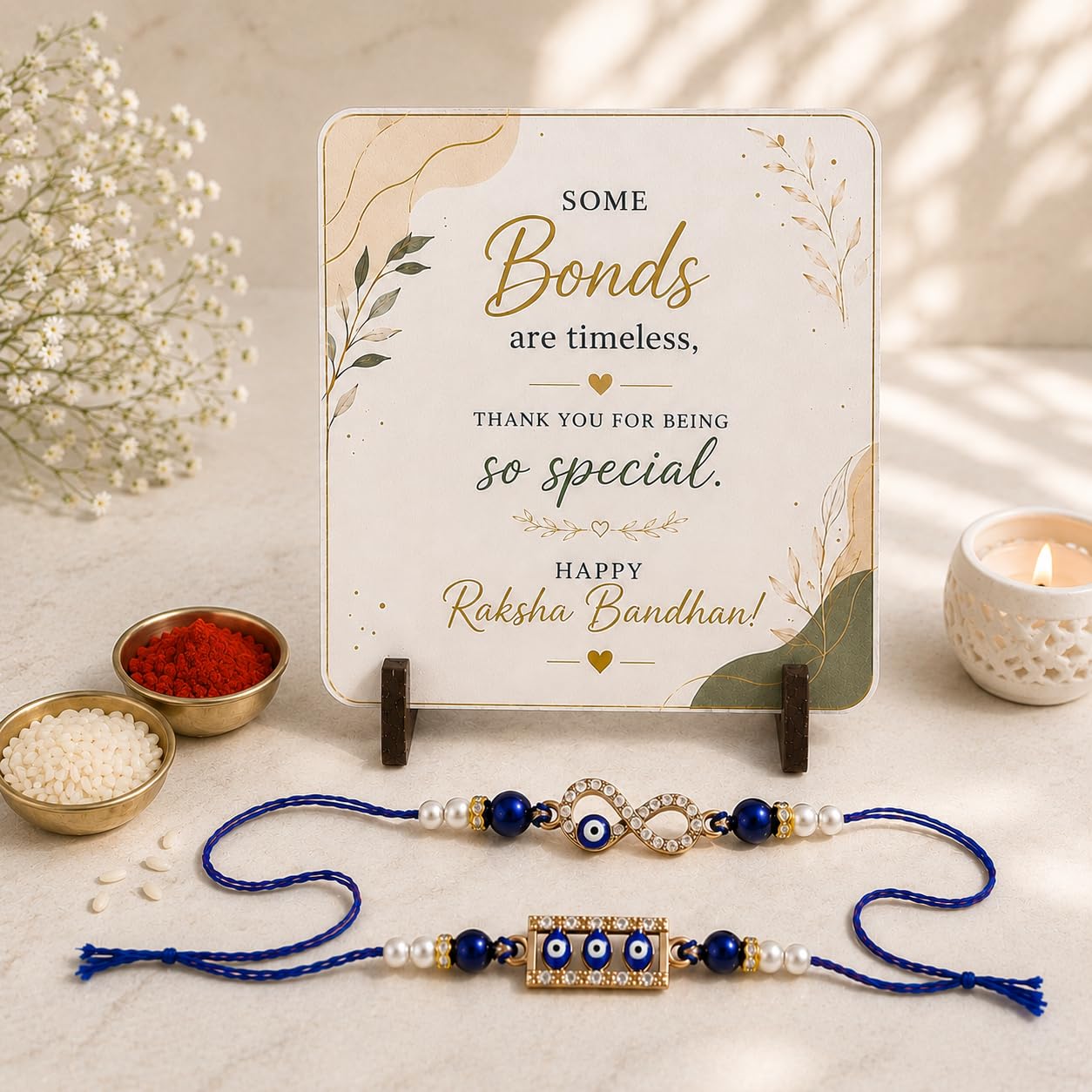 JAIPUR ACE BRO Rakhi Set of 2 for Brother | Designer Letter Rakhi Combo with Raksha Bandhan Standee, Roli Chawal and Display 