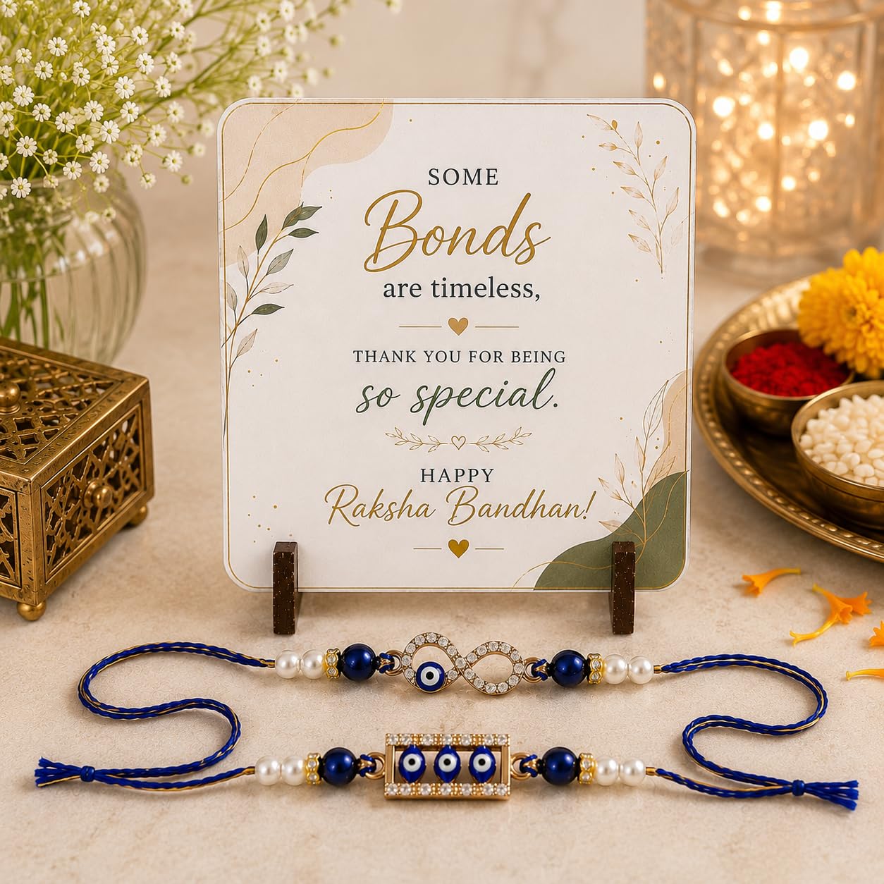 JAIPUR ACE BRO Rakhi Set of 2 for Brother | Designer Letter Rakhi Combo with Raksha Bandhan Standee, Roli Chawal and Display 