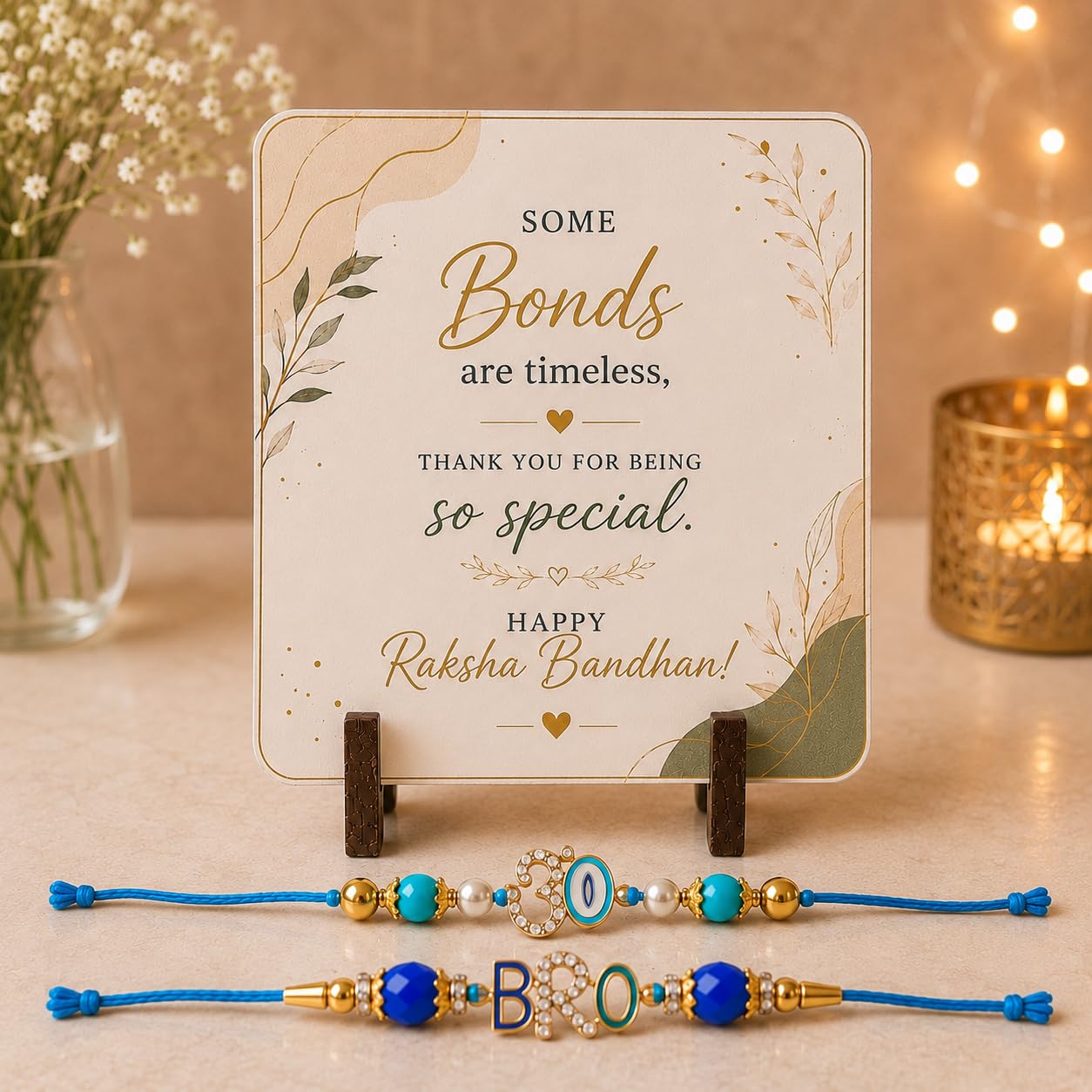 JAIPUR ACE BRO Rakhi Set of 2 for Brother | Designer Letter Rakhi Combo with Raksha Bandhan Standee, Roli Chawal and Display 