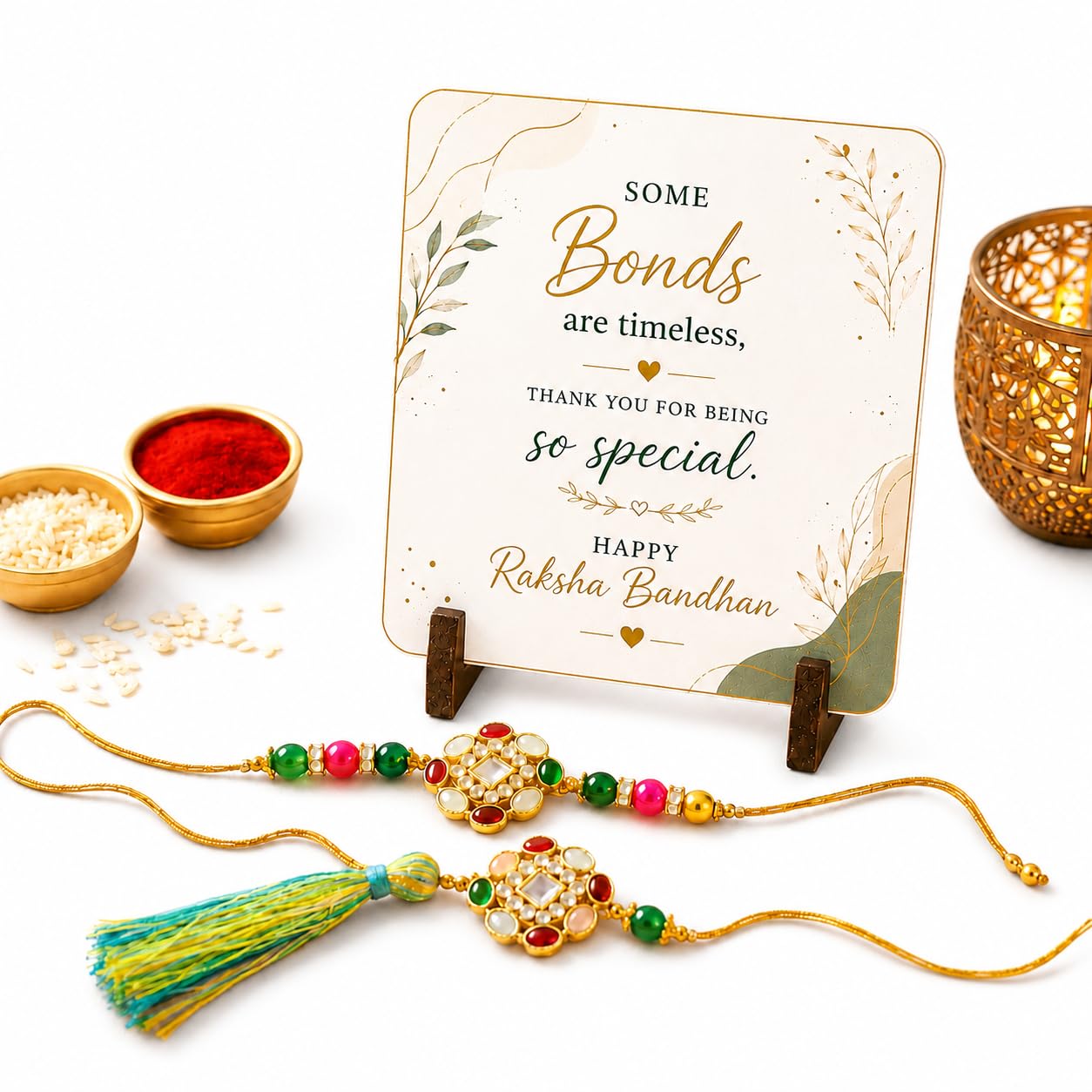 JAIPUR ACE BRO Rakhi Set of 2 for Brother | Designer Letter Rakhi Combo with Raksha Bandhan Standee, Roli Chawal and Display 