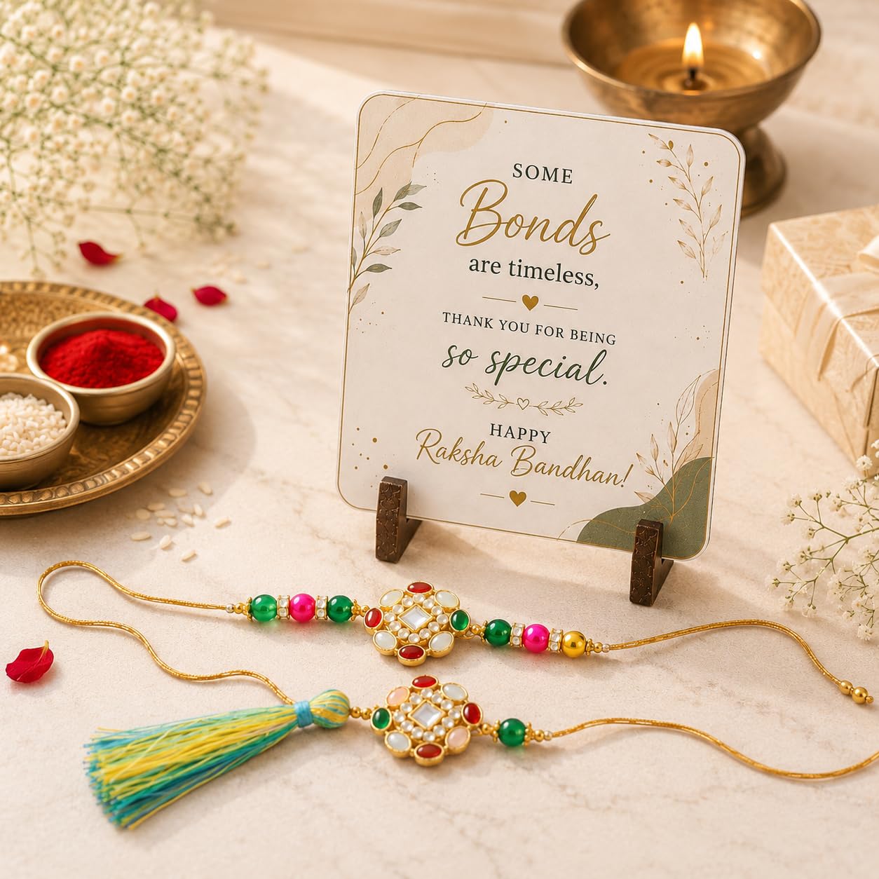 JAIPUR ACE BRO Rakhi Set of 2 for Brother | Designer Letter Rakhi Combo with Raksha Bandhan Standee, Roli Chawal and Display 