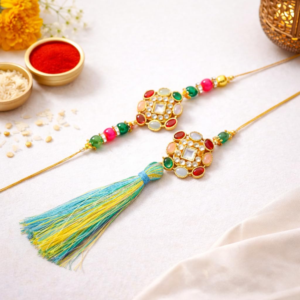 JAIPUR ACE BRO Rakhi Set of 2 for Brother | Designer Letter Rakhi Combo with Raksha Bandhan Standee, Roli Chawal and Display 