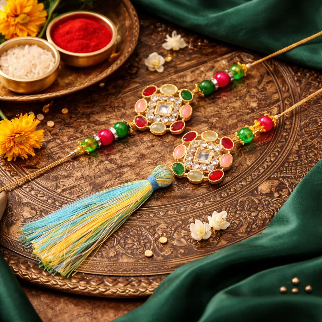JAIPUR ACE BRO Rakhi Set of 2 for Brother | Designer Letter Rakhi Combo with Raksha Bandhan Standee, Roli Chawal and Display 
