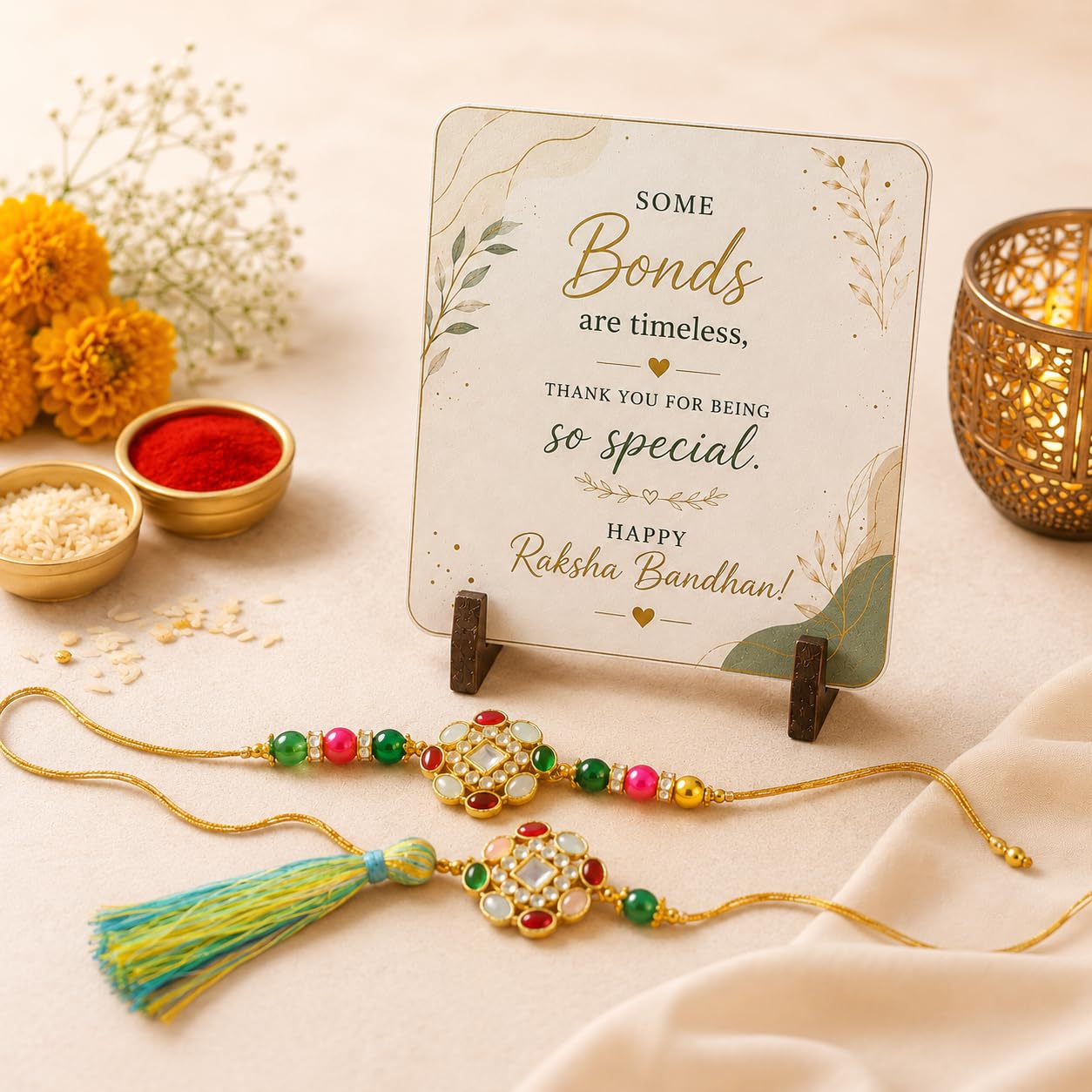 JAIPUR ACE BRO Rakhi Set of 2 for Brother | Designer Letter Rakhi Combo with Raksha Bandhan Standee, Roli Chawal and Display 