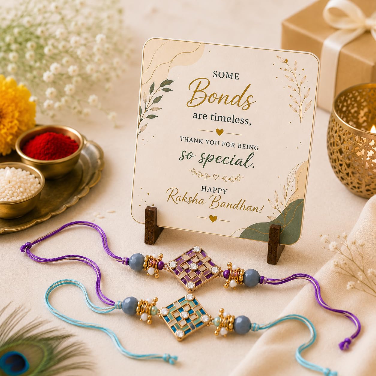 JAIPUR ACE BRO Rakhi Set of 2 for Brother | Designer Letter Rakhi Combo with Raksha Bandhan Standee, Roli Chawal and Display 