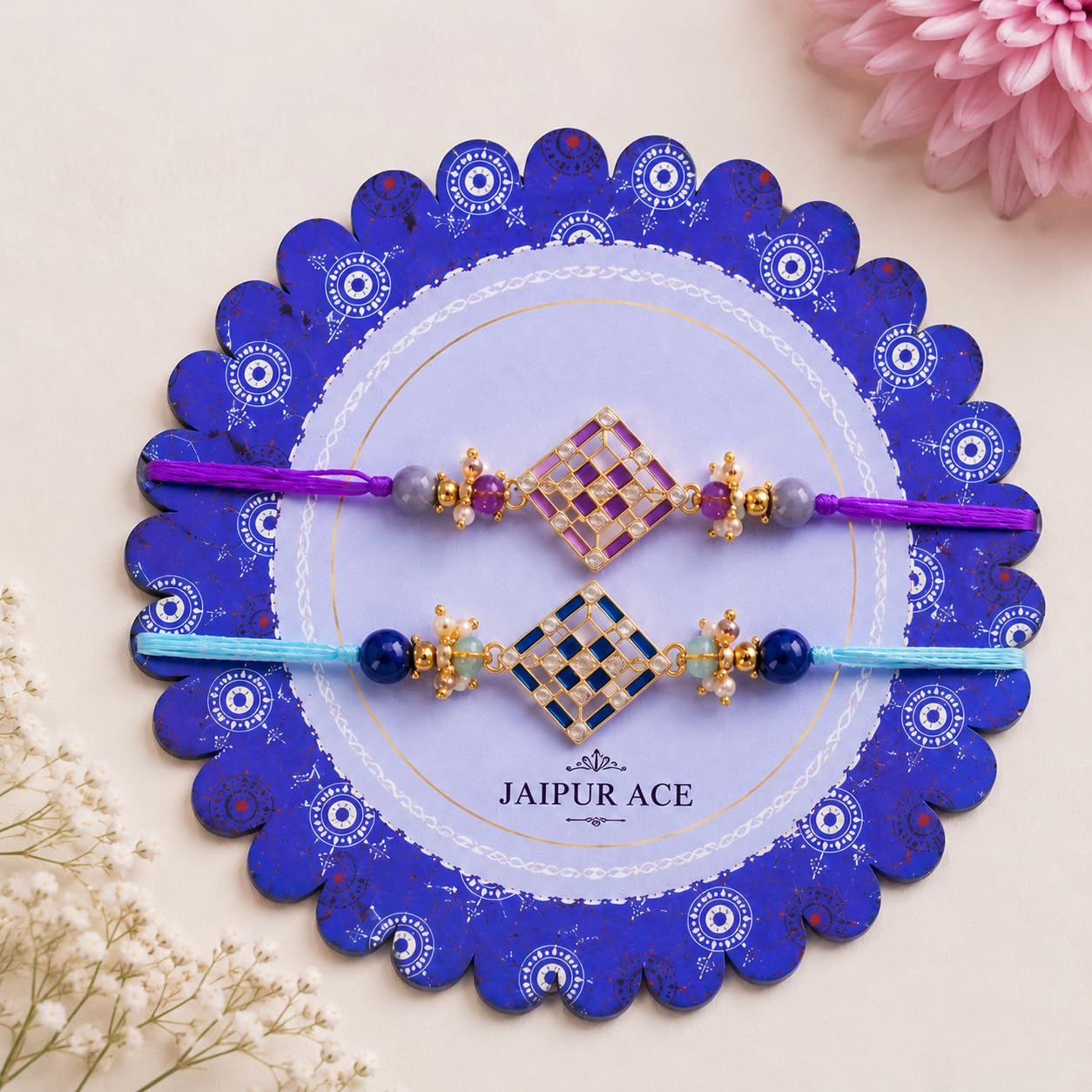 JAIPUR ACE BRO Rakhi Set of 2 for Brother | Designer Letter Rakhi Combo with Raksha Bandhan Standee, Roli Chawal and Display 