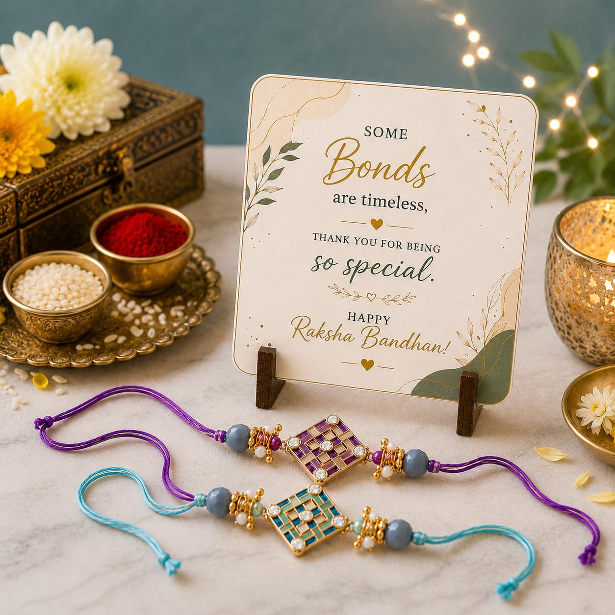 JAIPUR ACE BRO Rakhi Set of 2 for Brother | Designer Letter Rakhi Combo with Raksha Bandhan Standee, Roli Chawal and Display 