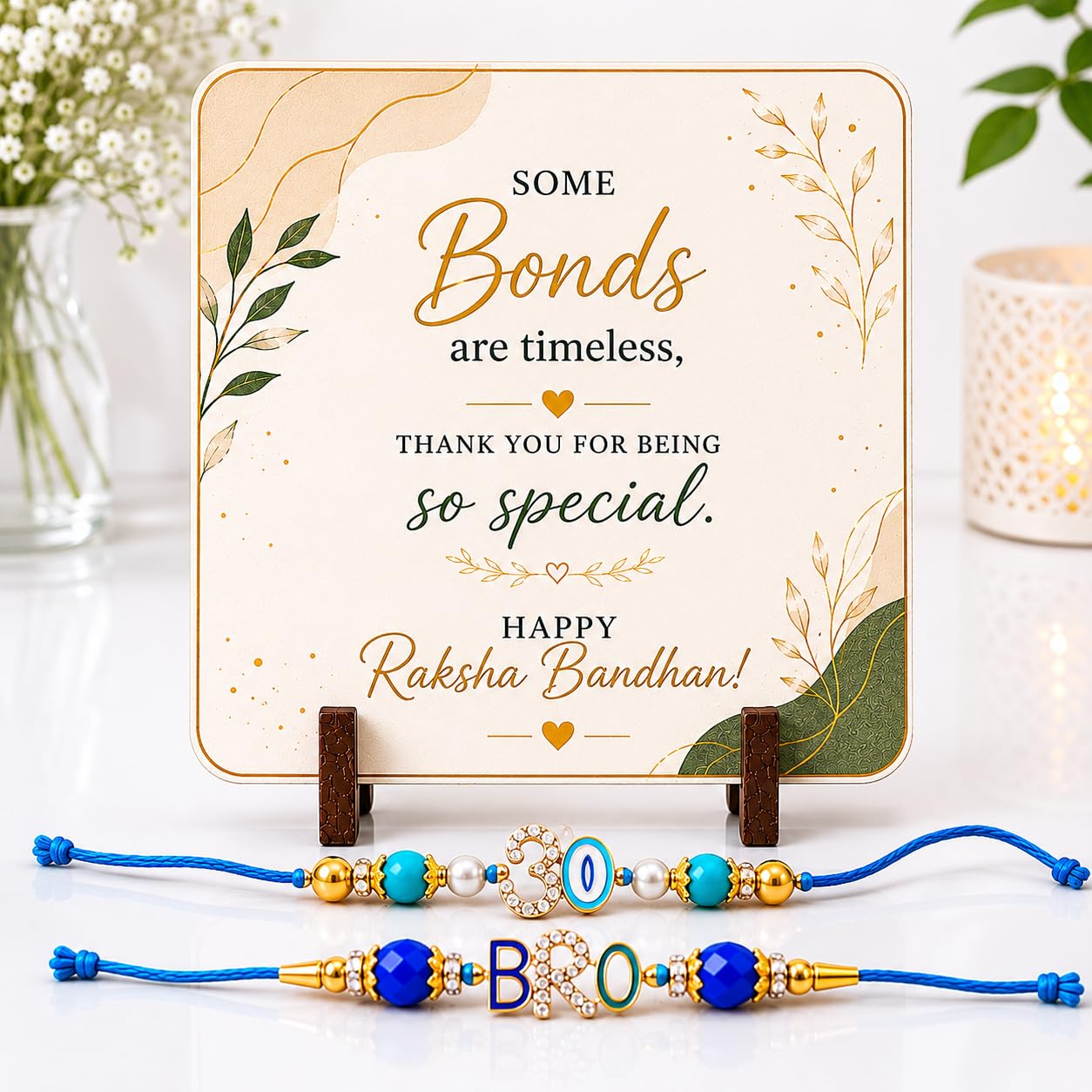 JAIPUR ACE BRO Rakhi Set of 2 for Brother | Designer Letter Rakhi Combo with Raksha Bandhan Standee, Roli Chawal and Display 