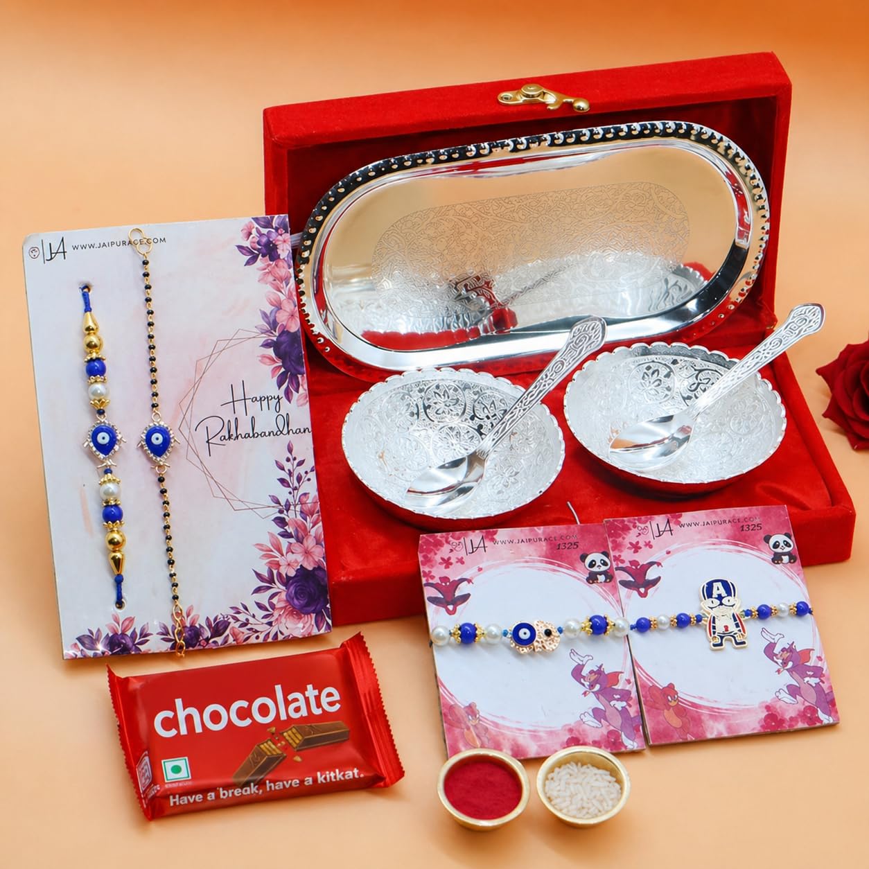 Jaipur Ace Evil Eye Bhaiya Bhabhi Rakhi with 2 Kids Rakhi, Bowl Set, Chocolate, Tilak & Shagun Envelope | Gift Hamper Combo f