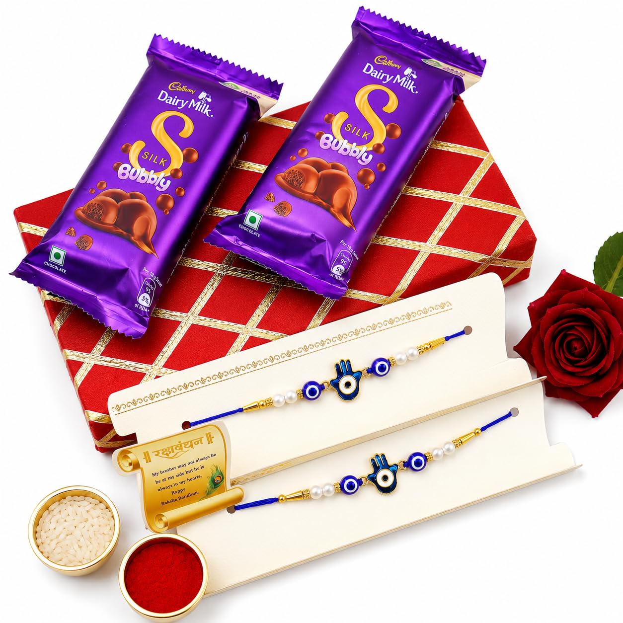 JAIPUR ACE Evil Eye Rakhi (2), Silk Chocolate (2x60gm),Decorative Cash Box Combo Pack, RakshaBandhan Rakhi Gift Hamper Shagun
