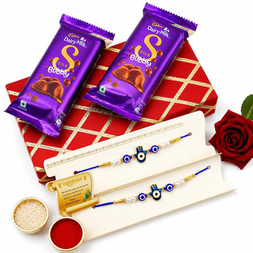 JAIPUR ACE Evil Eye Rakhi (2), Silk Chocolate (2x60gm),Decorative Cash Box Combo Pack, RakshaBandhan Rakhi Gift Hamper Shagun