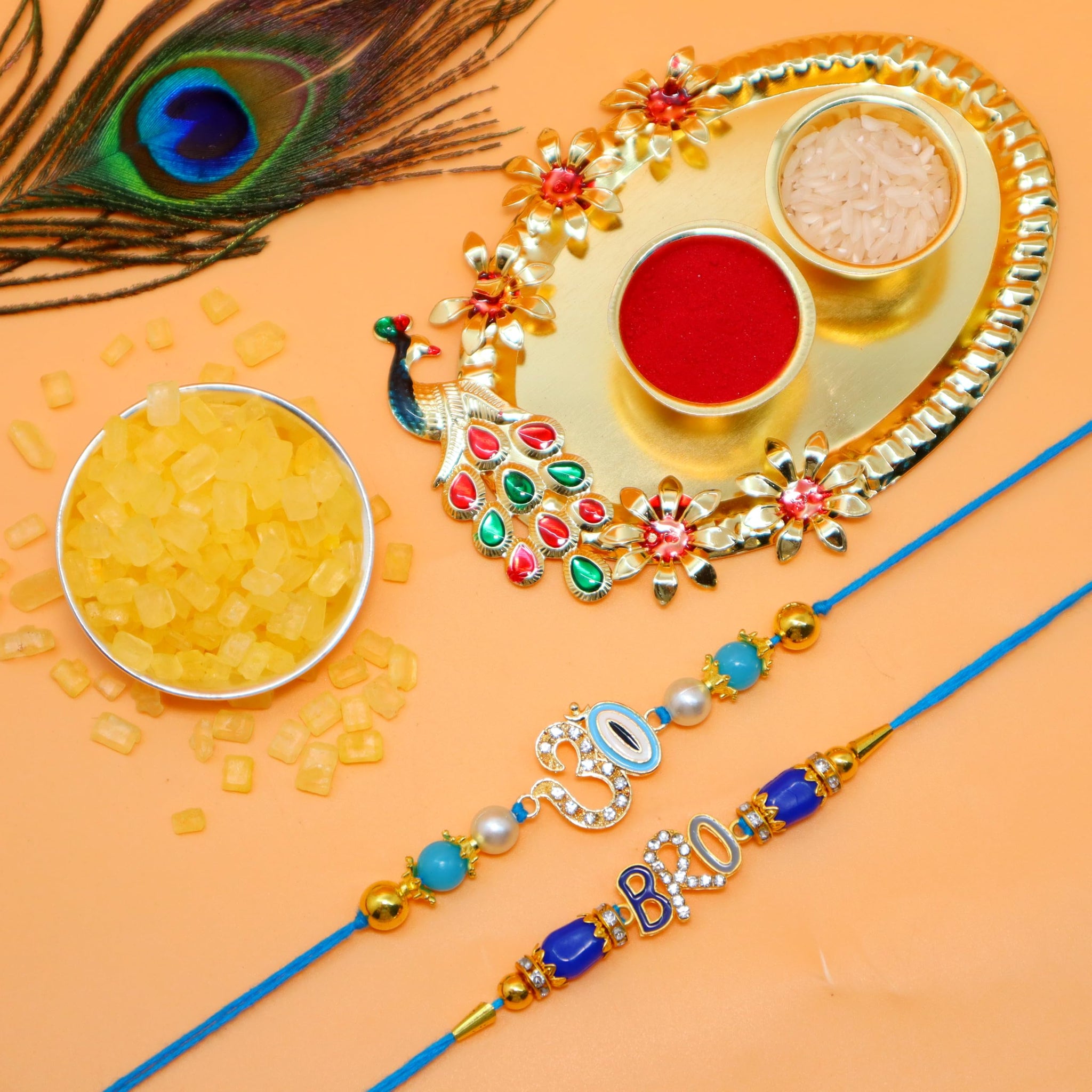 JAIPUR ACE Mens Rakhi Combo Set of 2 Floral Rakhi Elegant Beads Rakhi with Golden Pooja Thali and Roli for Bro/Brother/Raksha