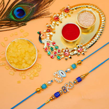 JAIPUR ACE Mens Rakhi Combo Set of 2 Floral Rakhi Elegant Beads Rakhi with Golden Pooja Thali and Roli for Bro/Brother/Raksha