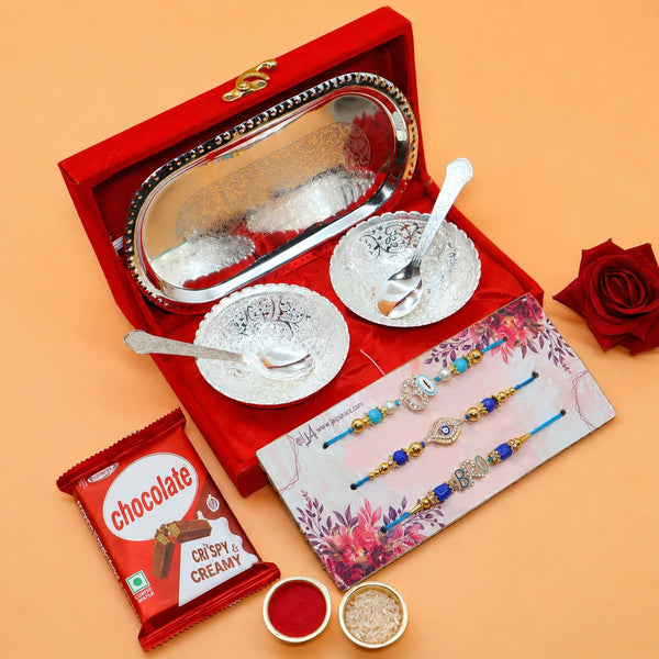 Jaipur Ace Rakhi Gifts Hamper Rakhi for brother with Silver Plated Gifts Bowl Set With Chocolate & Greeting Card (3 Rakhi Wit