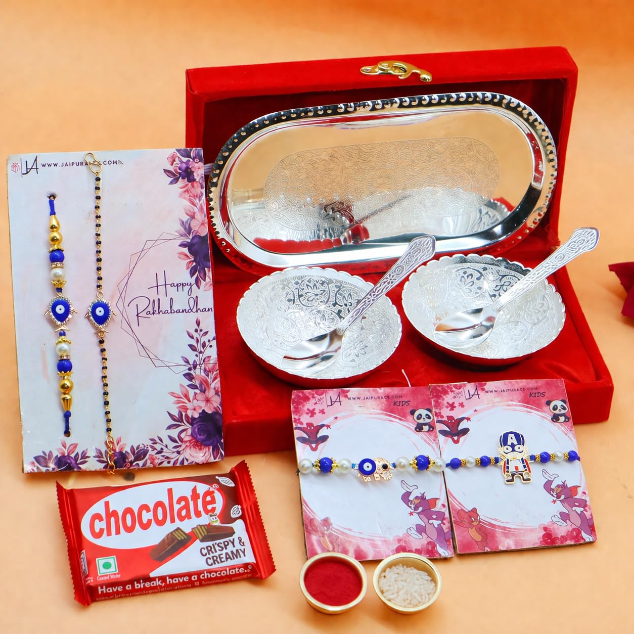 Jaipur Ace Rakhi Gifts Hamper Rakhi for brother with Silver Plated Gifts Bowl Set With Chocolate & Greeting Card (3 Rakhi Wit