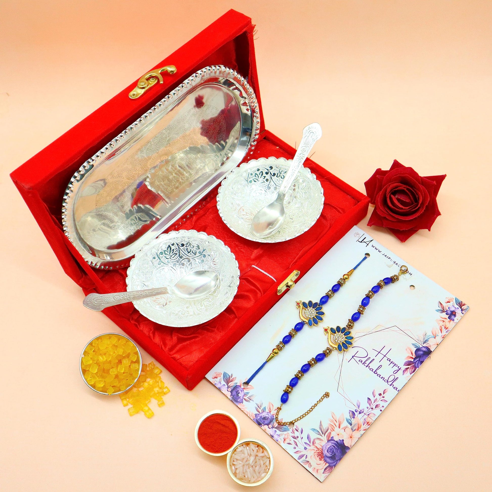 Jaipur Ace Rakhi Gifts Hamper Rakhi for brother with Silver Plated Gifts Bowl Set With Chocolate & Greeting Card (3 Rakhi Wit