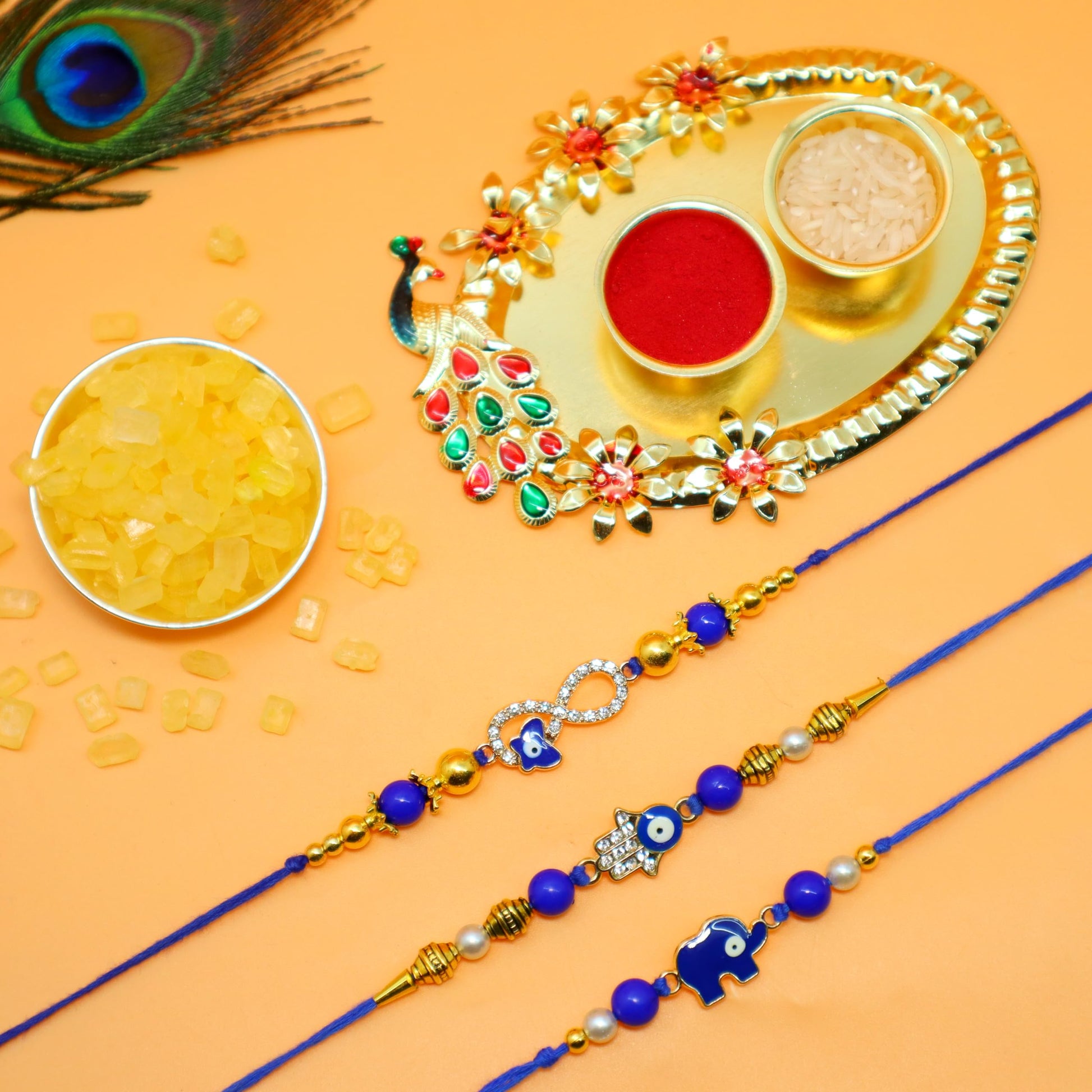 JAIPUR ACE Rakhi Combo for Family | 3 Stylish Evil Eye Rakhis with Decorative Puja Thali & Roli Chawal | Rakshabandhan Gift S