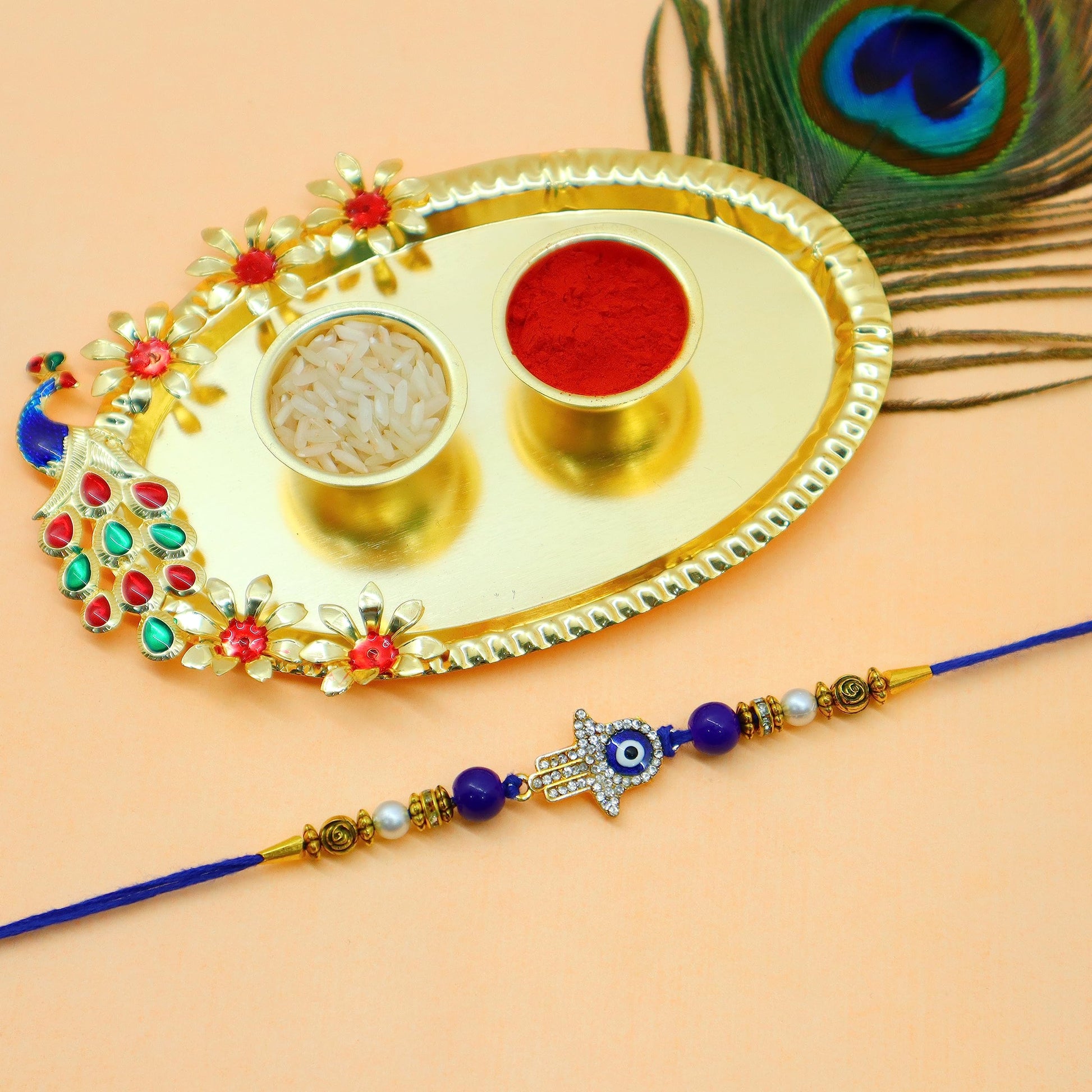 JAIPUR ACE Rakhi Combo Set of Evil Eye Rakhi Elegant Beads with Golden Pooja thali and Roli for Bro/Brother/Bhaiya/Bhai/Raksh