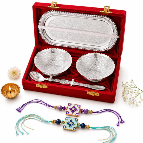 JAIPUR ACE Rakhi Gift Hamper with Silver Plated Bowl Set, Pooja Thali, 2 Designer Rakhis, Roli Chawal, Red Velvet Box - Raksh