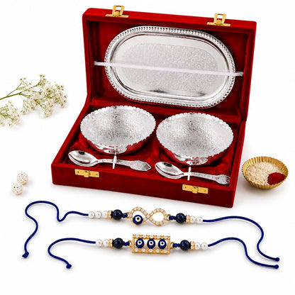 JAIPUR ACE Rakhi Gift Hamper with Silver Plated Bowl Set, Pooja Thali, 2 Designer Rakhis, Roli Chawal, Red Velvet Box - Raksh