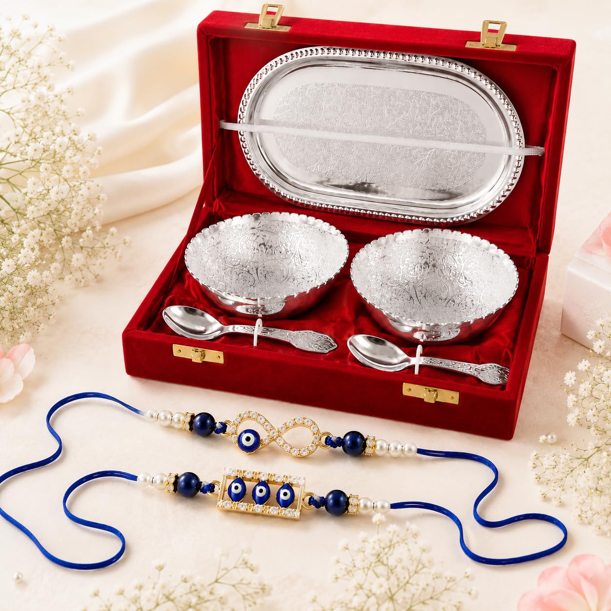 JAIPUR ACE Rakhi Gift Hamper with Silver Plated Bowl Set, Pooja Thali, 2 Designer Rakhis, Roli Chawal, Red Velvet Box - Raksh