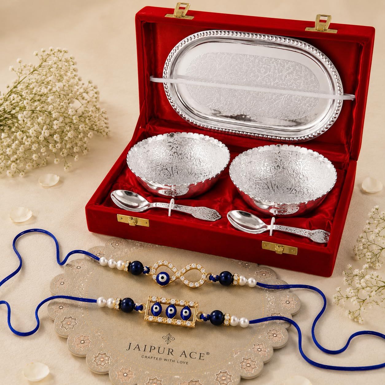 JAIPUR ACE Rakhi Gift Hamper with Silver Plated Bowl Set, Pooja Thali, 2 Designer Rakhis, Roli Chawal, Red Velvet Box - Raksh