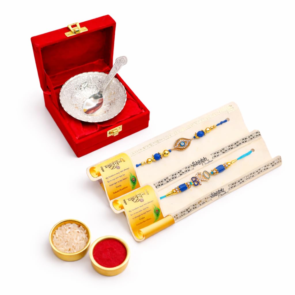 JAIPUR ACE Rakhi Gift Hamper with Silver Plated Bowl Set, Pooja Thali, 2 Designer Rakhis, Roli Chawal, Red Velvet Box - Raksh